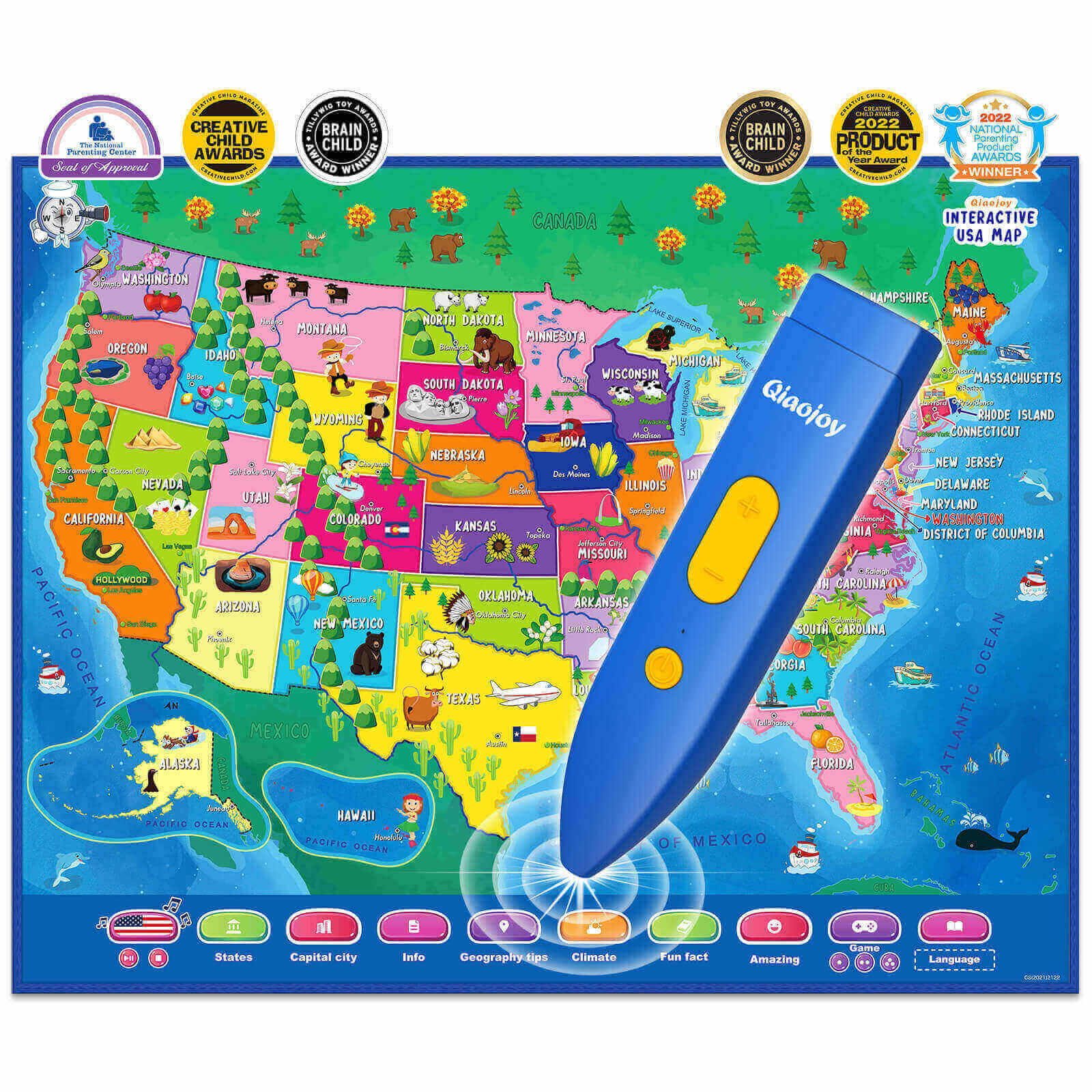 Qiaojoy V2 Interactive Kids Map Bilingual US Map