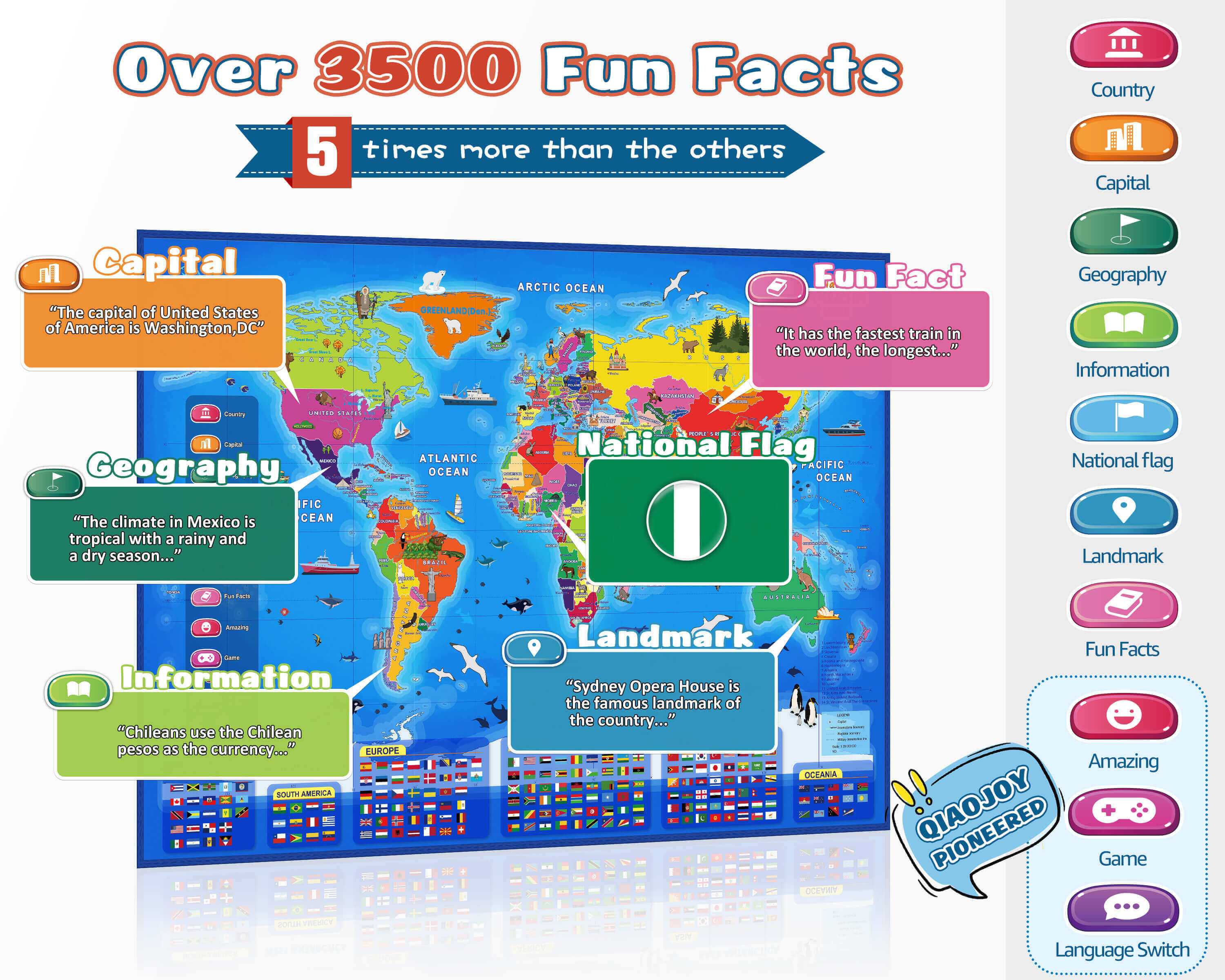 Qiaojoy Bilingual Interactive World Map for Kids