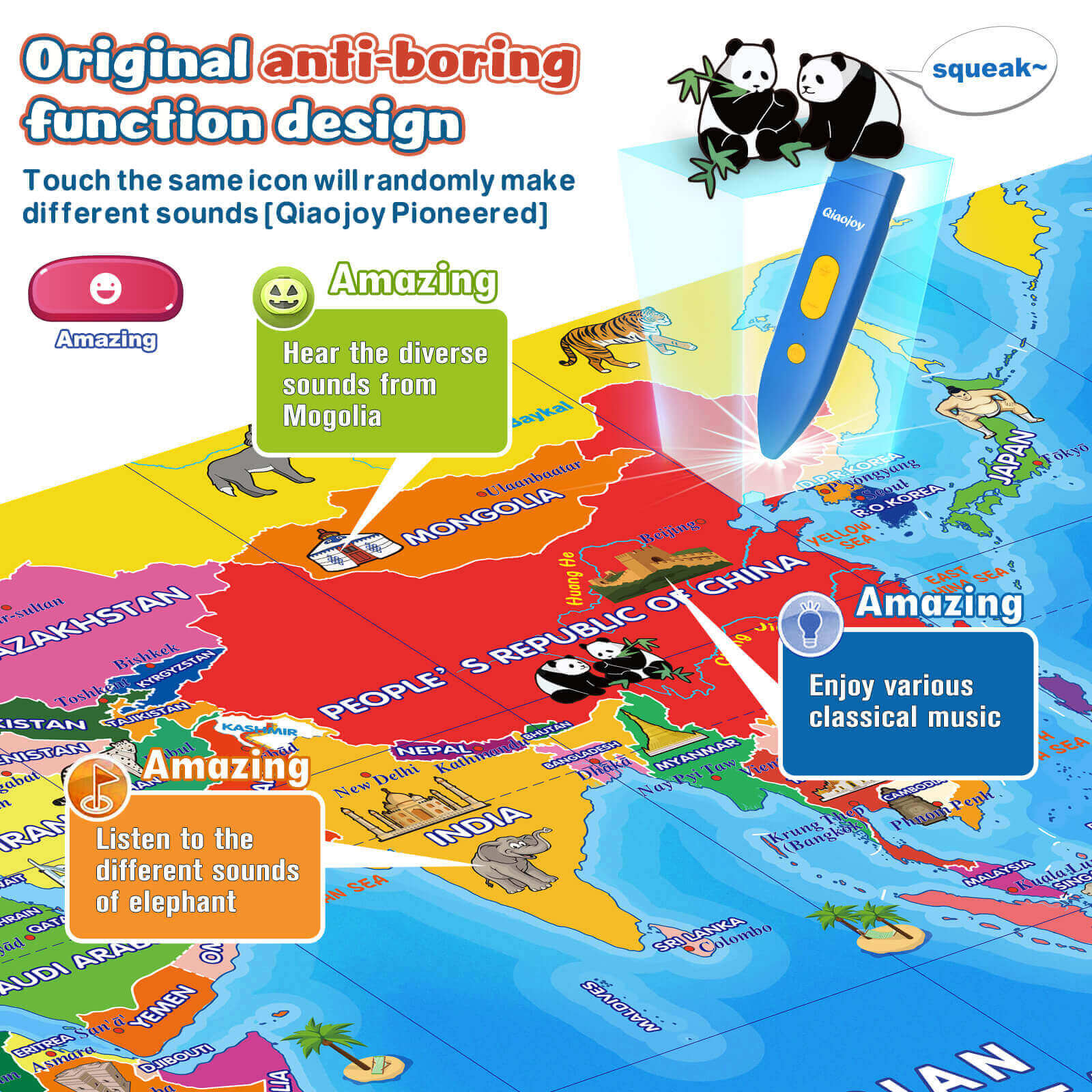 Qiaojoy Bilingual Interactive World Map for Kids